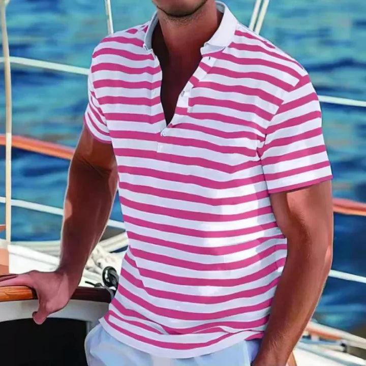 Comfortable men's striped short sleeve polo shirt. Effortless style for everyday fashion. Versatile smart casual summer top.