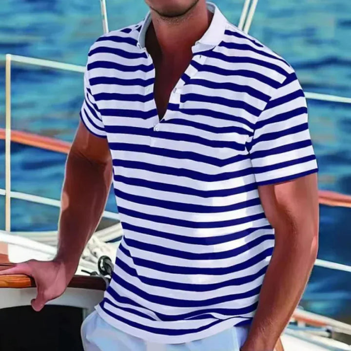 Effortless men's striped short sleeve polo shirt. A versatile and comfortable summer top for casual and smart casual style.