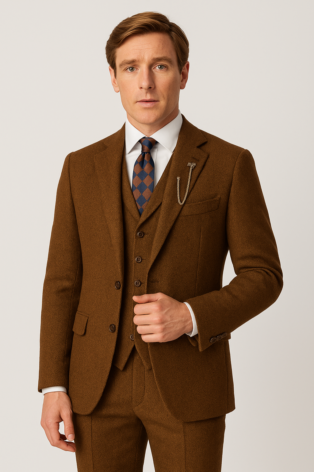 Men's elegant 3-piece brown tweed suit for formal events. Ideal wedding or business attire.