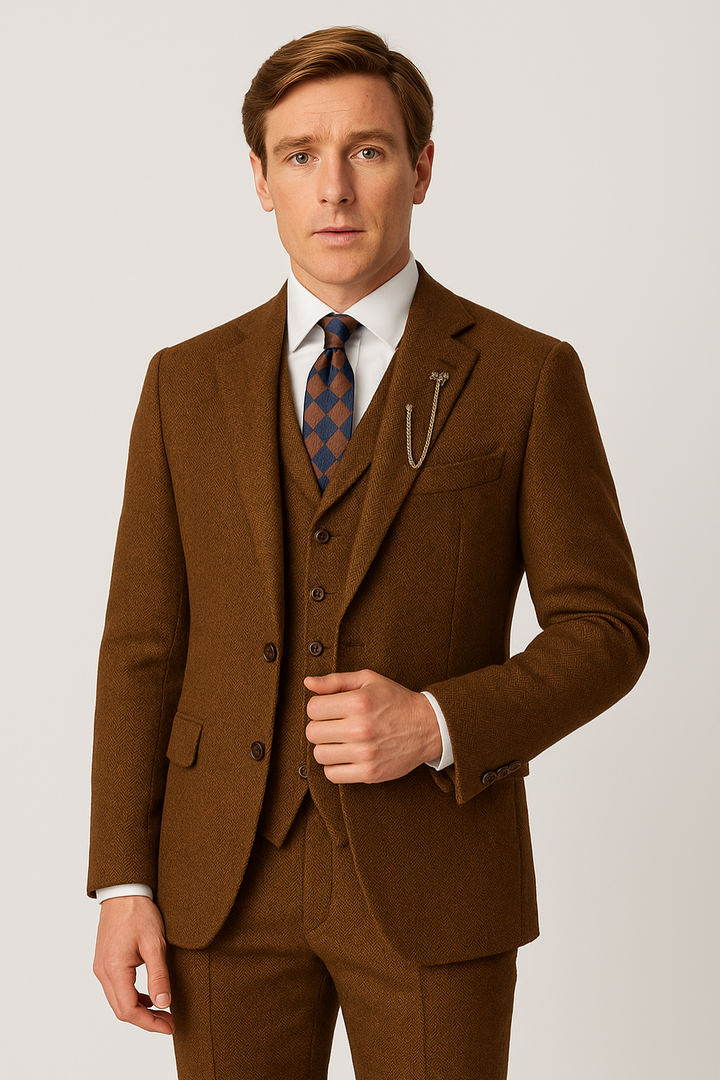 Men's elegant 3-piece brown tweed suit for formal events. Ideal wedding or business attire.