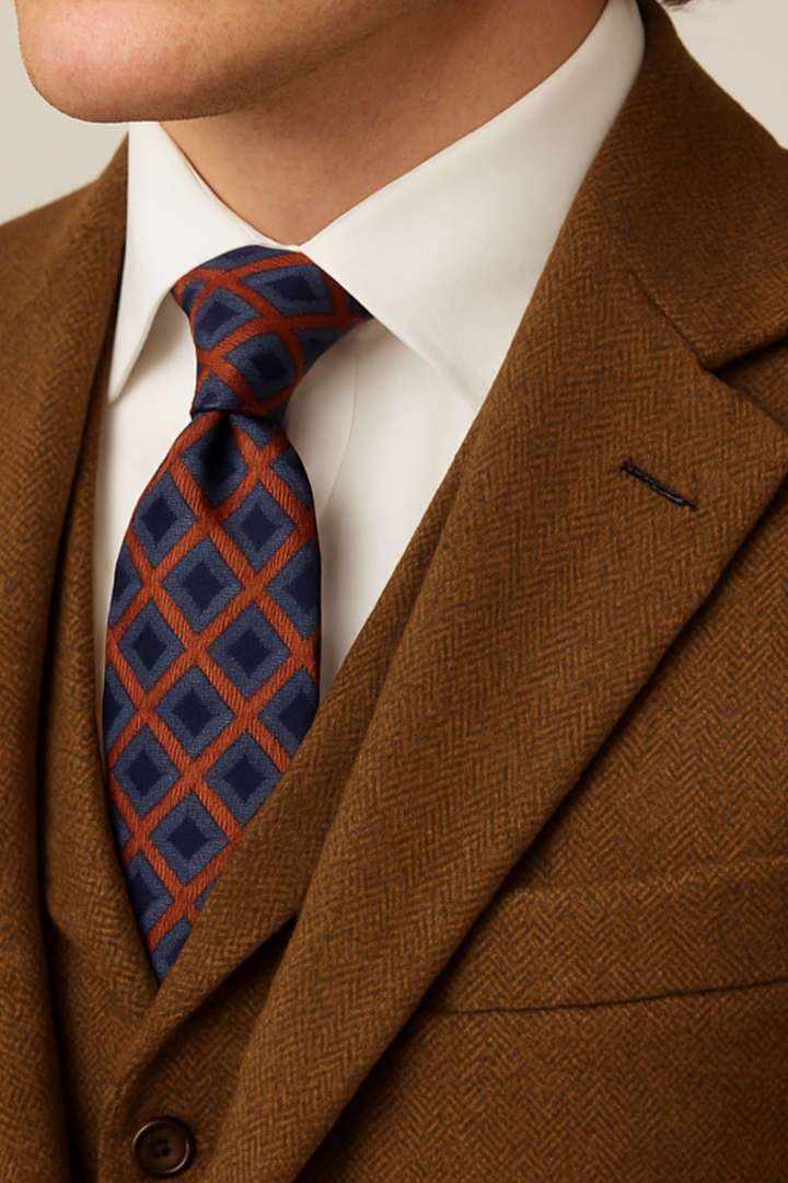 Stylish men's brown tweed three-piece suit, perfect for a sophisticated formal or wedding occasion.
