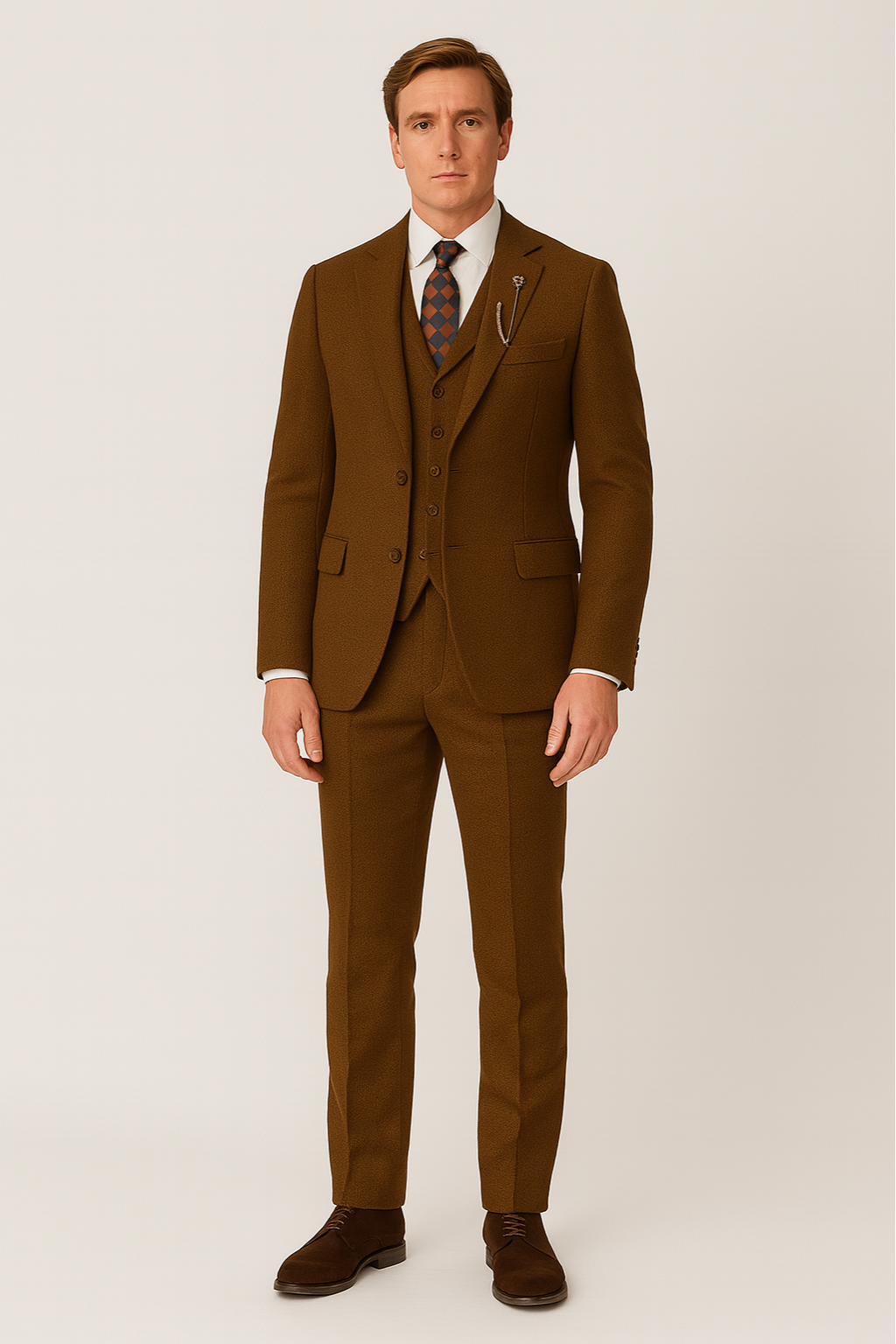 Men's classic brown tweed 3-piece suit. Elegant formal wear, ideal for autumn/winter weddings & business.