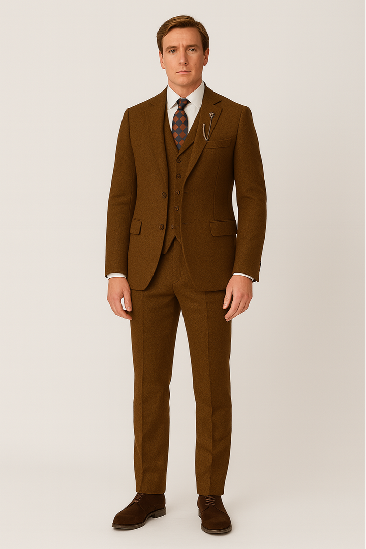 Men's classic brown tweed 3-piece suit. Elegant formal wear, ideal for autumn/winter weddings & business.
