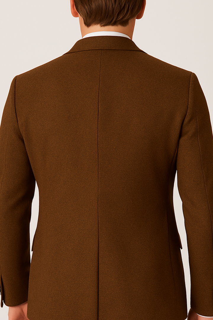 Complete men's elegant brown tweed three-piece suit for sophisticated formal, business, or wedding attire.