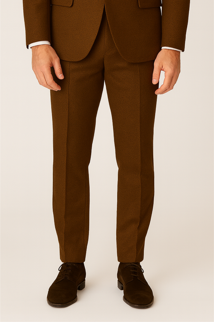 Dapper men's brown tweed suit. This elegant 3-piece formal attire is perfect for weddings & business.