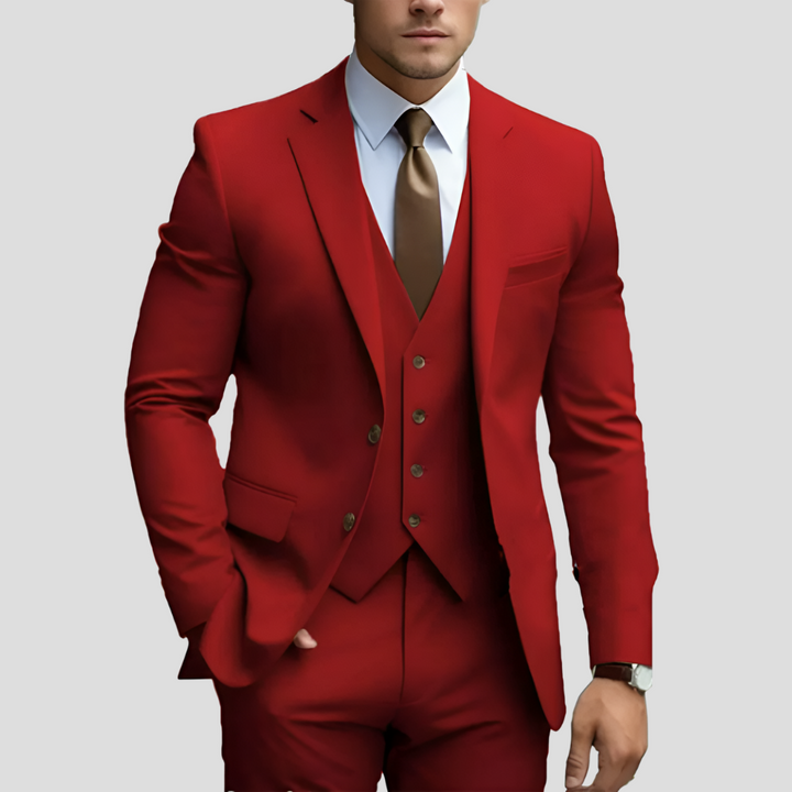 Close-up of elegant men's 3-piece suit fabric, showing jacket lapel and matching vest detail.