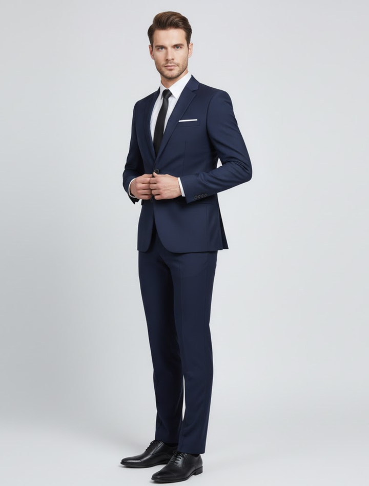 Men's elegant dark blue two-piece suit, perfect for formal events & business attire. Modern formalwear with blazer & trousers.