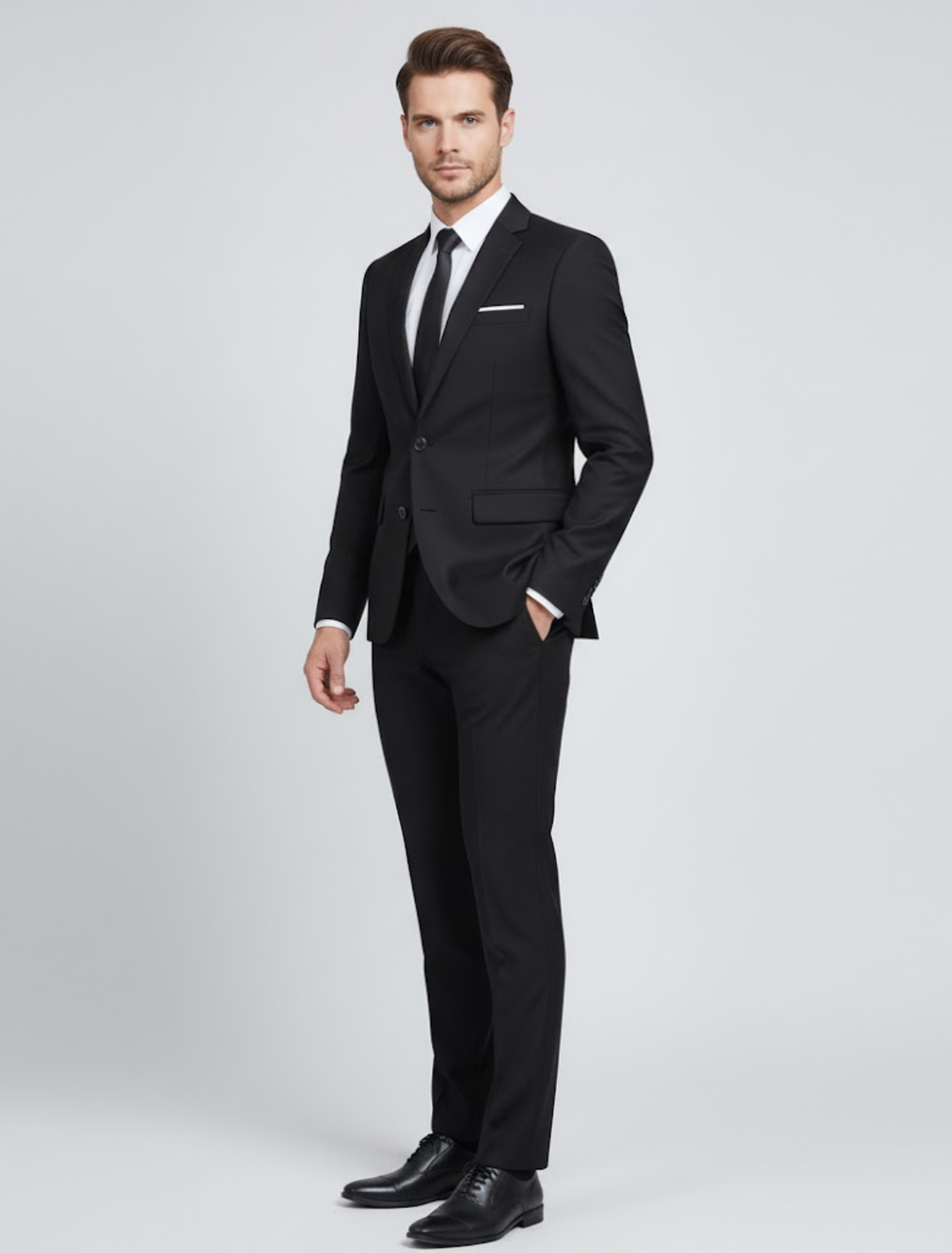 Elegant men's two-piece suit in various colors for business & formal occasions. Features a stylish blazer & matching trousers.