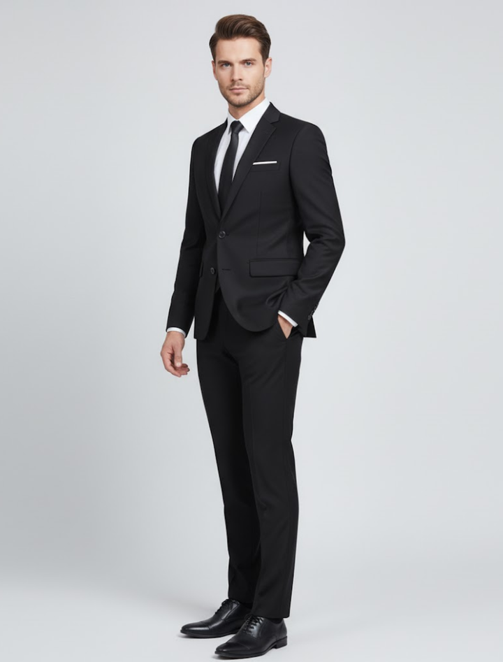 Elegant men's two-piece suit in various colors for business & formal occasions. Features a stylish blazer & matching trousers.