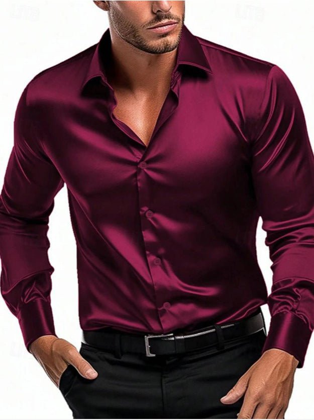 Men's elegant long sleeve dress shirt with satin sheen and stylish Italian collar, perfect for formal wear.