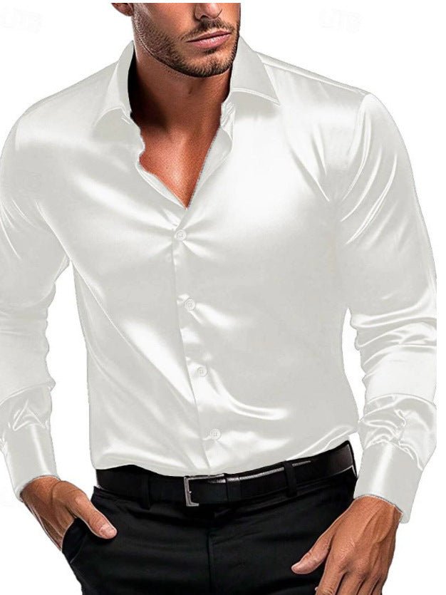 Timeless men's dress shirt featuring a refined satin sheen & classic Italian collar for business casual.