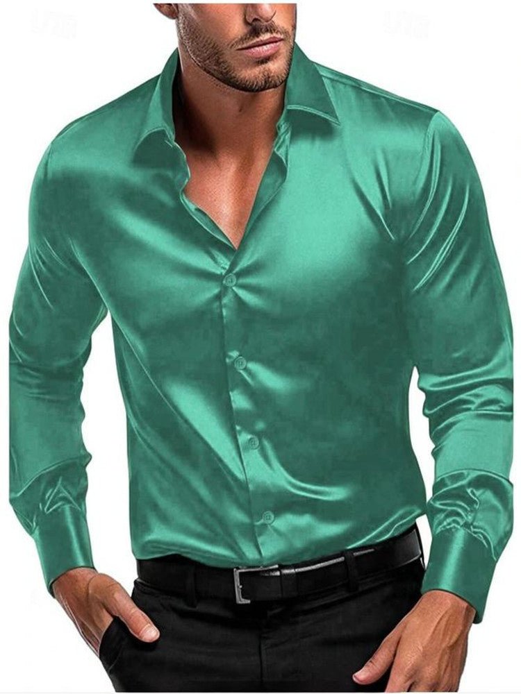 Refined men's fashion: long sleeve dress shirt with elegant satin sheen and an Italian collar.