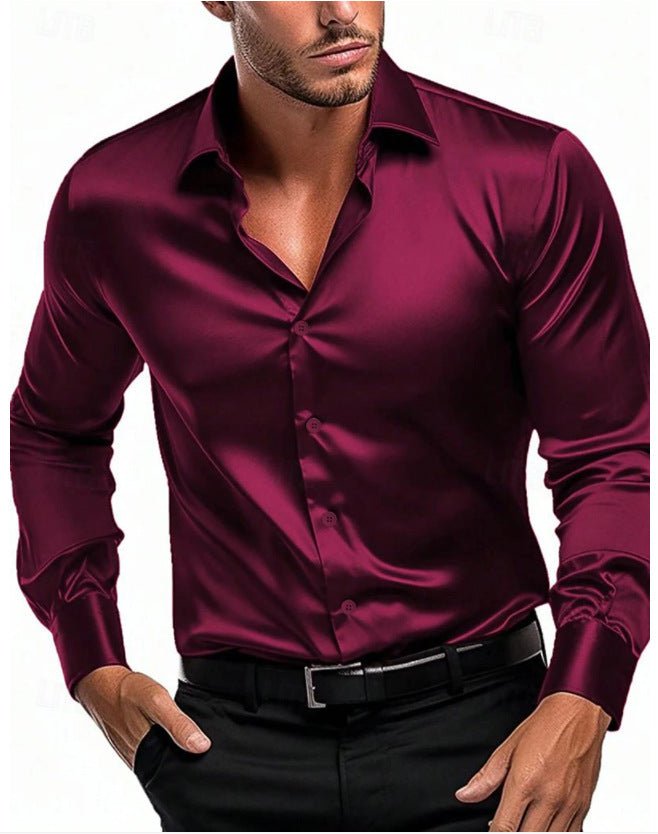 Stylish men's business casual shirt, long sleeve, features a subtle satin sheen & modern Italian collar.