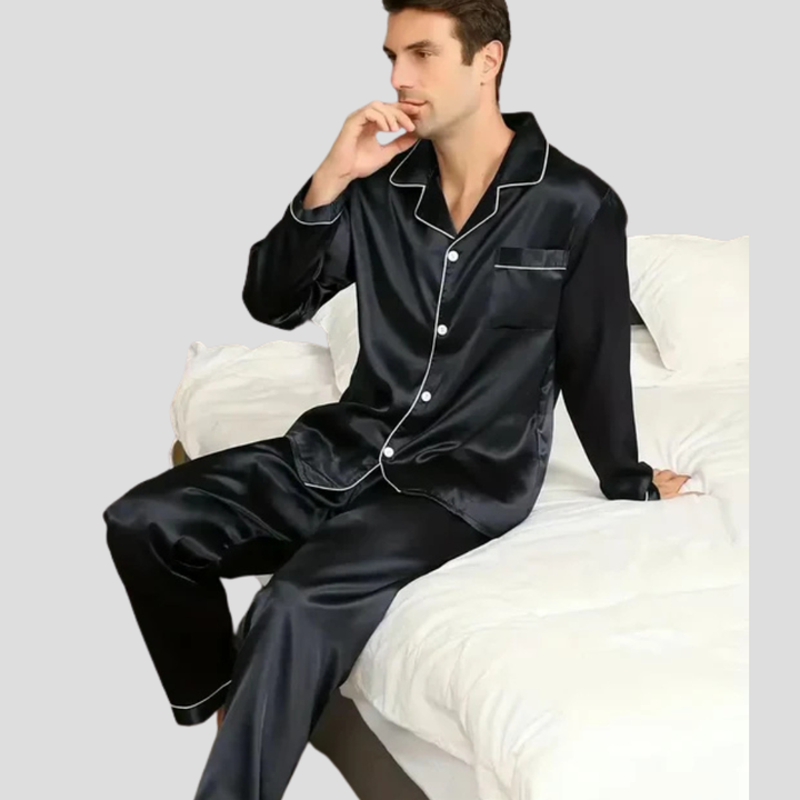 Men's elegant loungewear pajama set in a relaxed fit, perfect comfort wear and stylish nightwear for him.