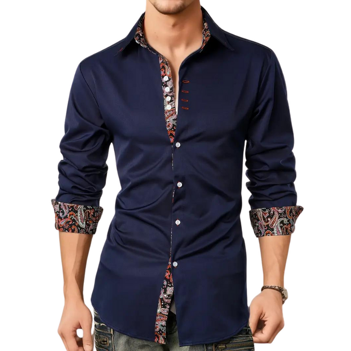 Neatly folded men's elegant party shirt, highlighting its premium quality fabric, slim fit, & ready-to-wear appeal.
