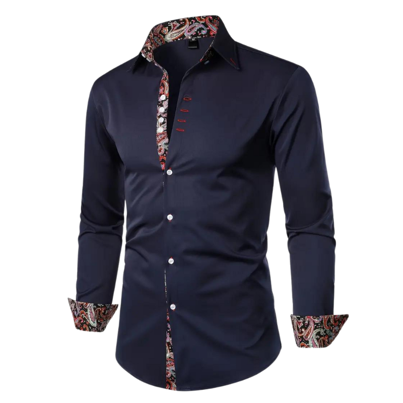 Close-up on the intricate buttons & precise stitching of a men's slim fit elegant party dress shirt, high quality.