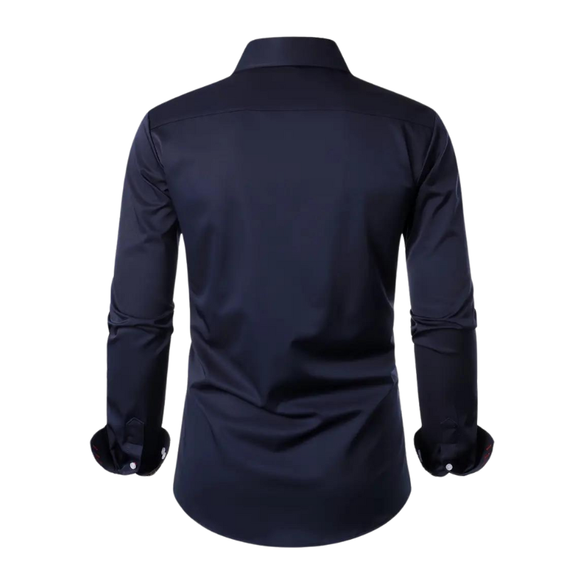 Model in men's elegant party shirt in a dynamic pose, showing comfort & flexibility for dancing. Slim fit fashion.