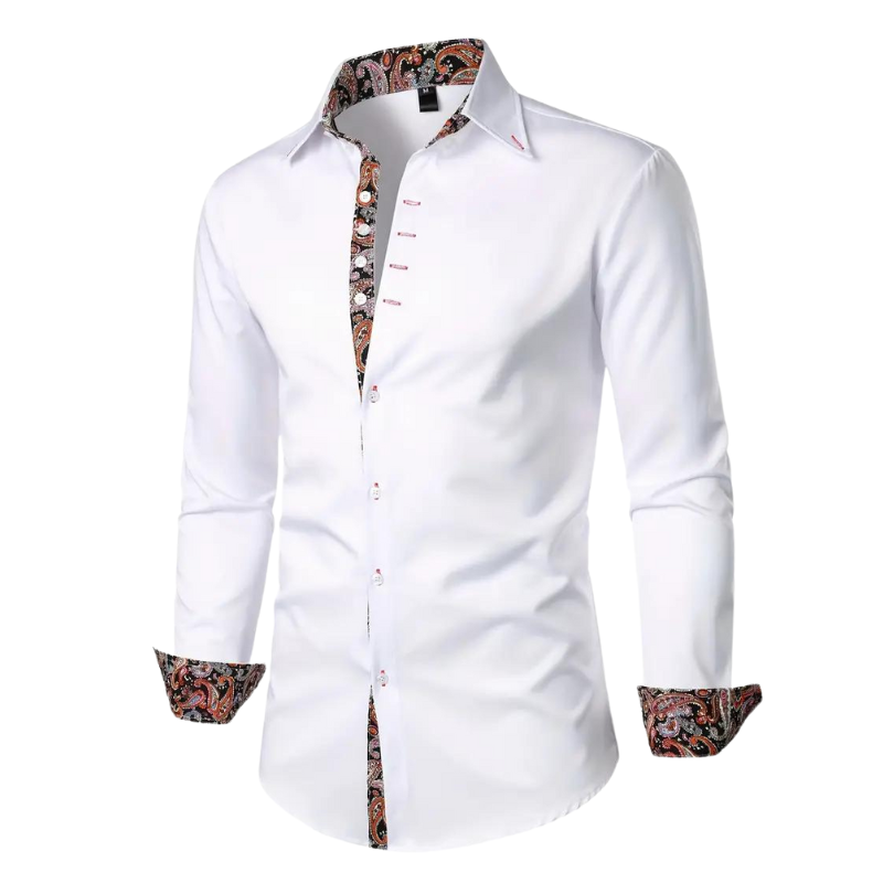 Close-up of men's elegant party shirt fabric, showcasing high-quality texture, slim fit design, & fine detailing.