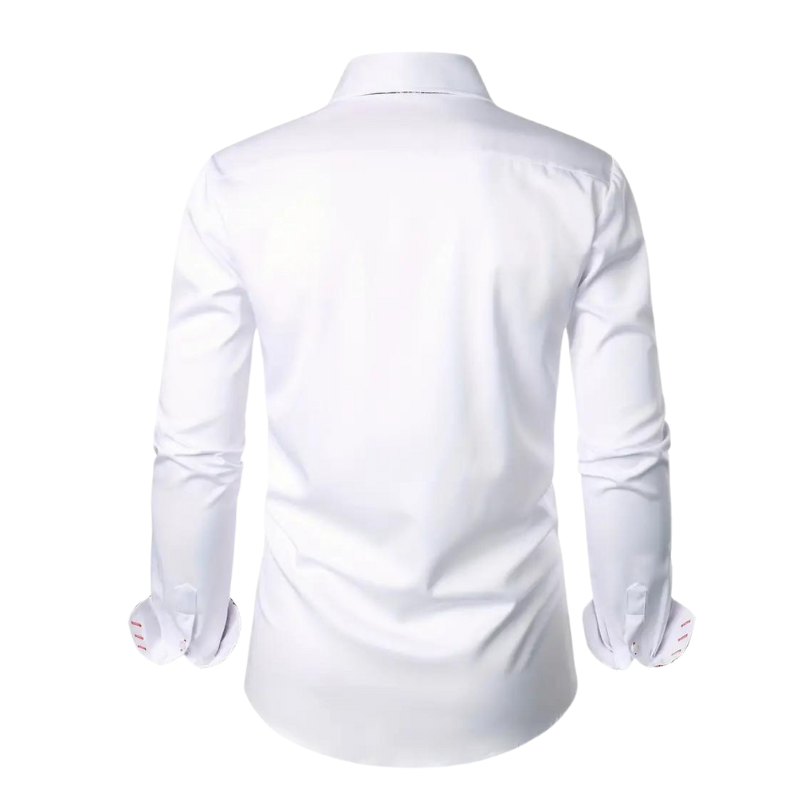 Model in a black men's elegant party shirt, slim fit, long sleeve. Ideal formal shirt for dressy casual occasions.