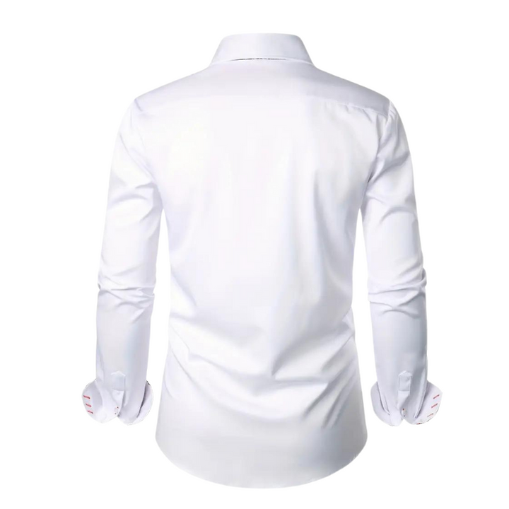 Model in a black men's elegant party shirt, slim fit, long sleeve. Ideal formal shirt for dressy casual occasions.