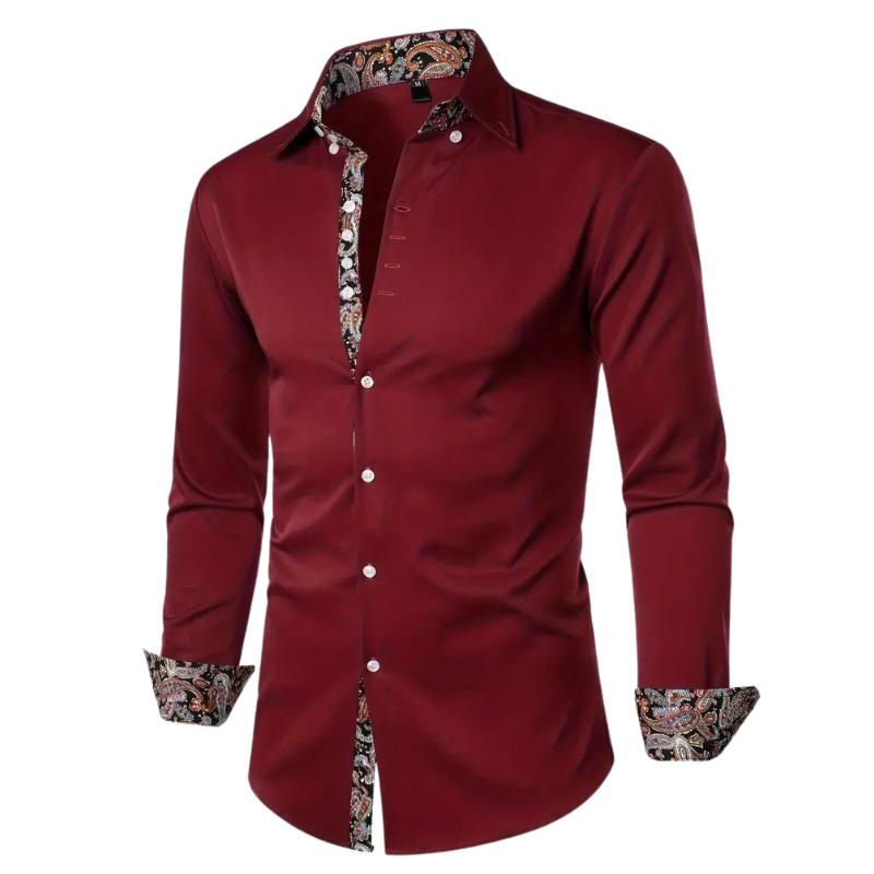 Detailed view of the crisp collar & cuffs of a men's elegant button-up dress shirt, ensuring a refined look.