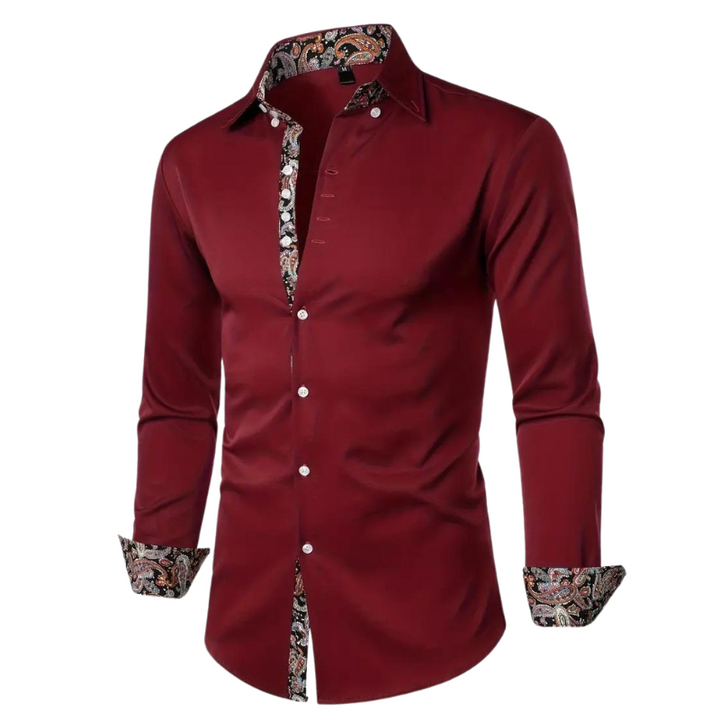 Detailed view of the crisp collar & cuffs of a men's elegant button-up dress shirt, ensuring a refined look.