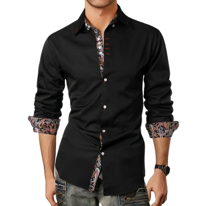 Men's elegant party shirt tucked in, creating a sharp, formal look for special occasions. Slim fit, long sleeve.