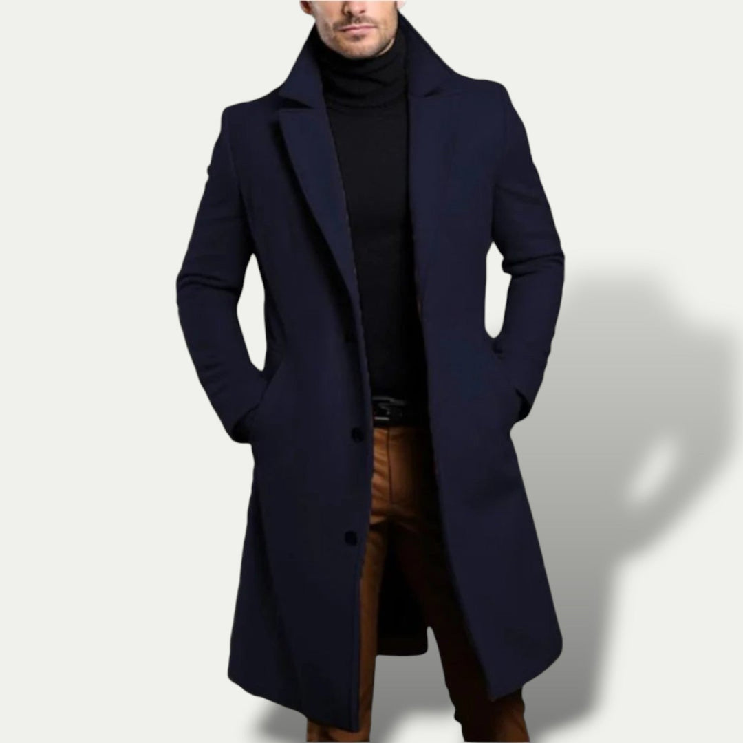 Men's elegant single breasted long trench coat in tailored fit, perfect all-season outerwear for business or casual.