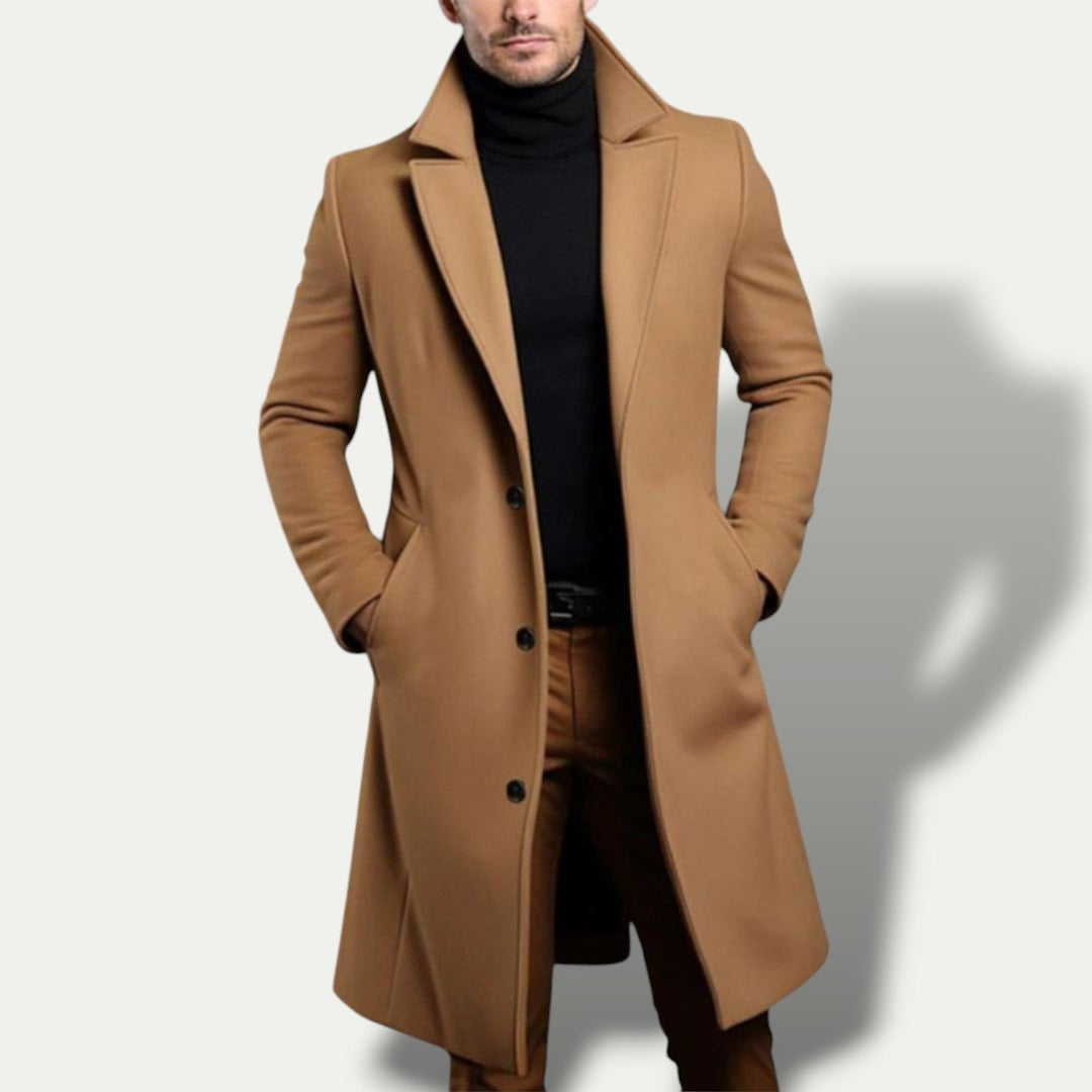 Classic men's single breasted trench coat, tailored fit long outerwear for all-season business and formal attire.