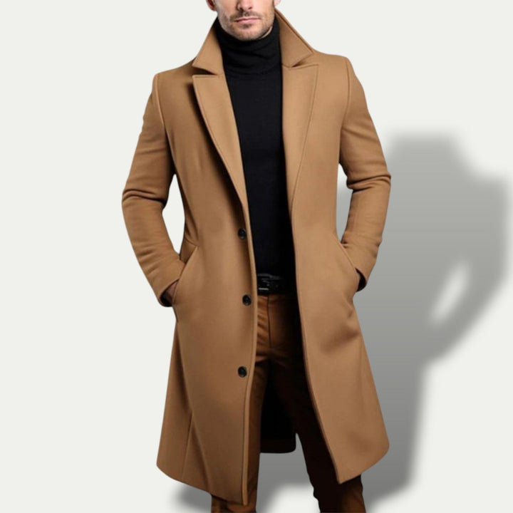 Classic men's single breasted trench coat, tailored fit long outerwear for all-season business and formal attire.