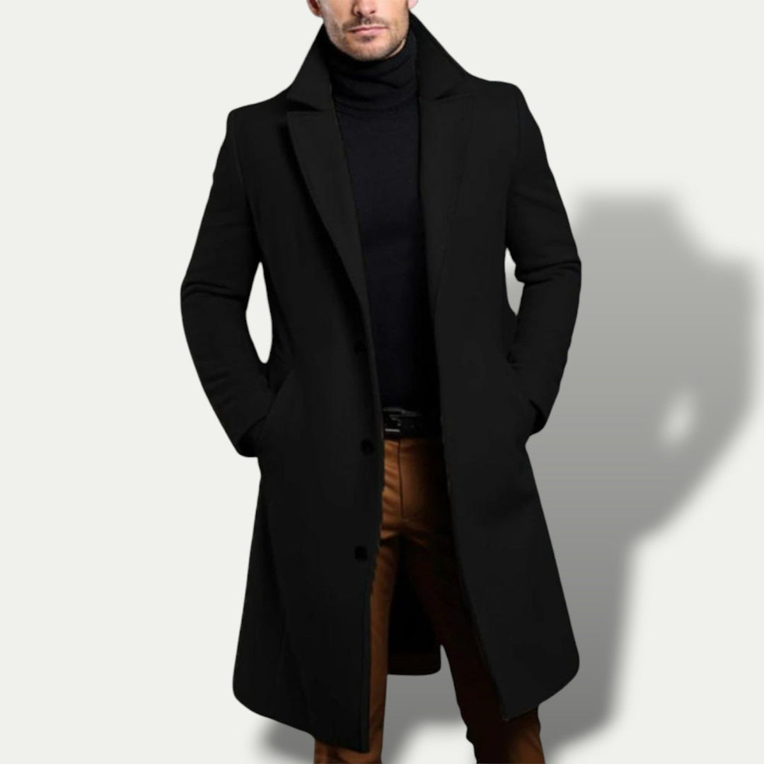 Sleek men's long single breasted coat, essential tailored outerwear for elegant smart casual & business attire.