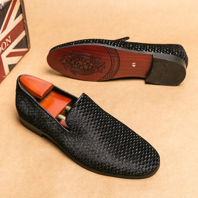 Elegant men's fashion footwear, slip-on loafers with a unique woven design. A comfortable luxury style statement.