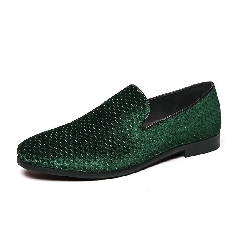 Close-up of men's stylish slip-on loafers, highlighting the intricate woven design and premium craftsmanship.