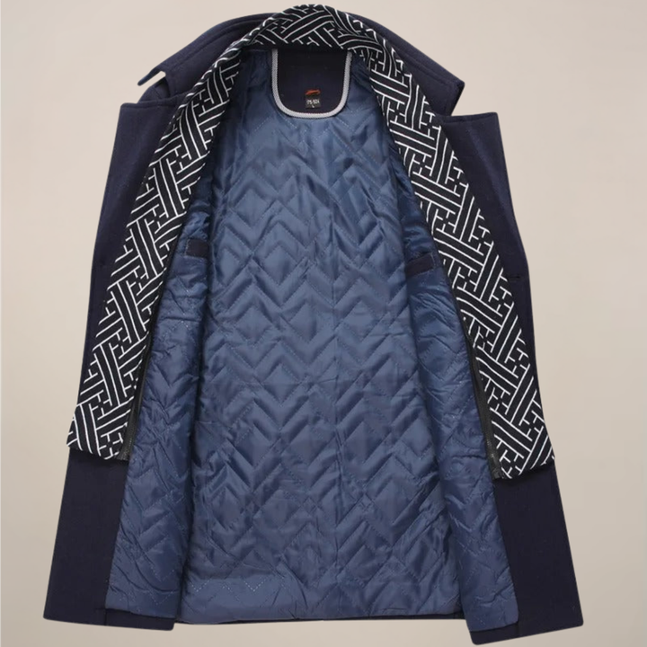 Sophisticated men's tailored winter overcoat, providing warmth and an elegant look for cold weather.