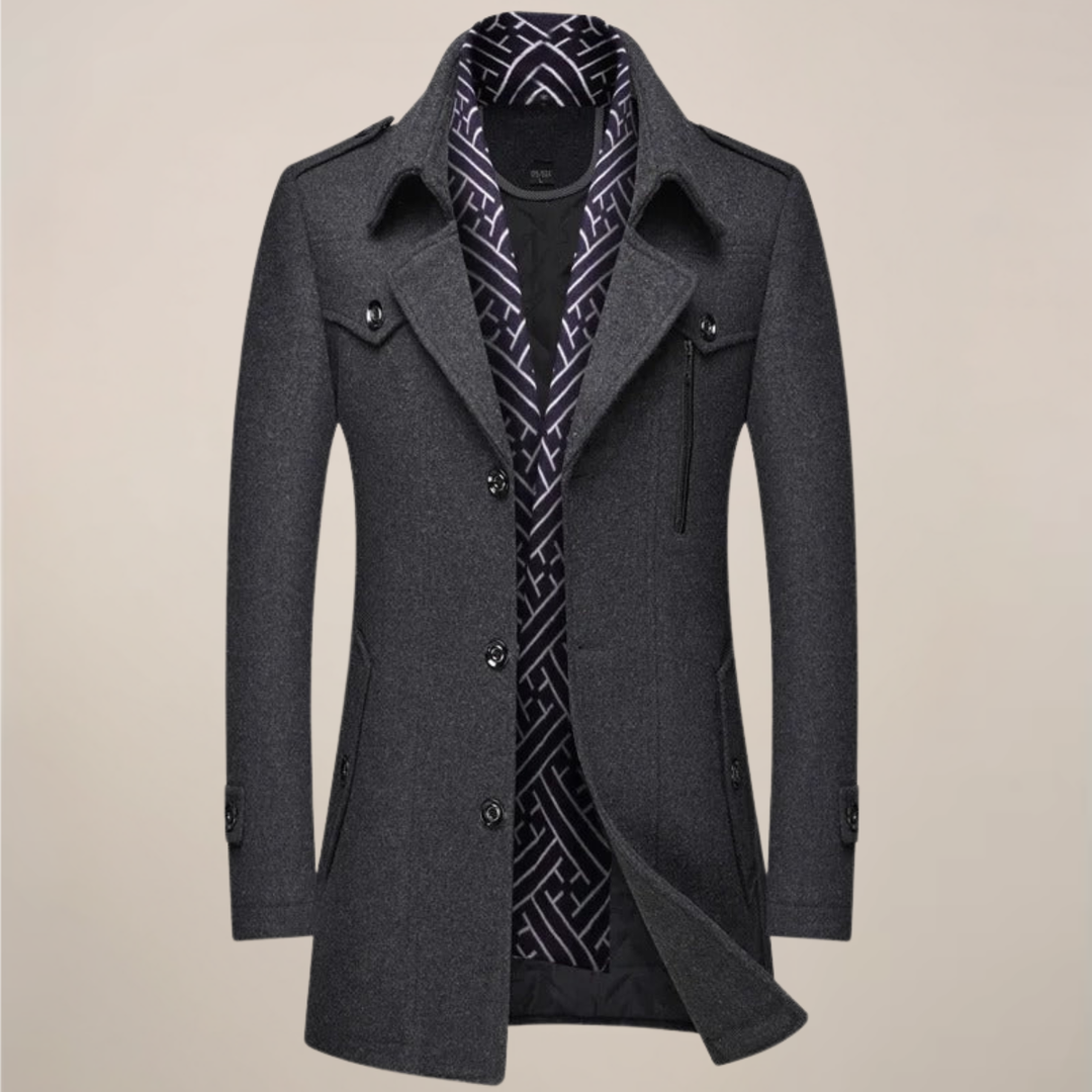 Full-length men's elegant winter overcoat, ideal for formal or business casual cold weather outfits.