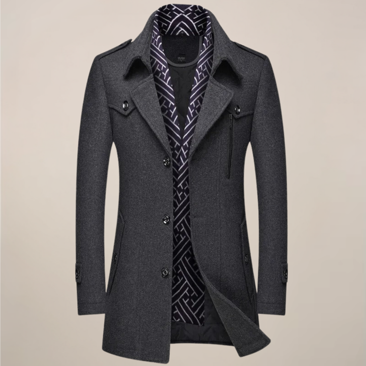 Full-length men's elegant winter overcoat, ideal for formal or business casual cold weather outfits.
