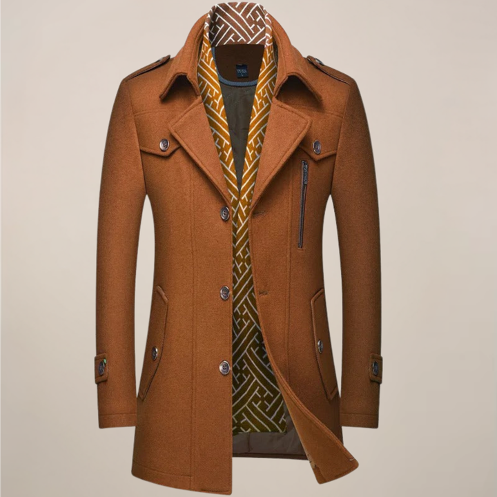 Elegant men's winter overcoat, tailored fit for a sophisticated look in cold weather. Perfect for fashion.