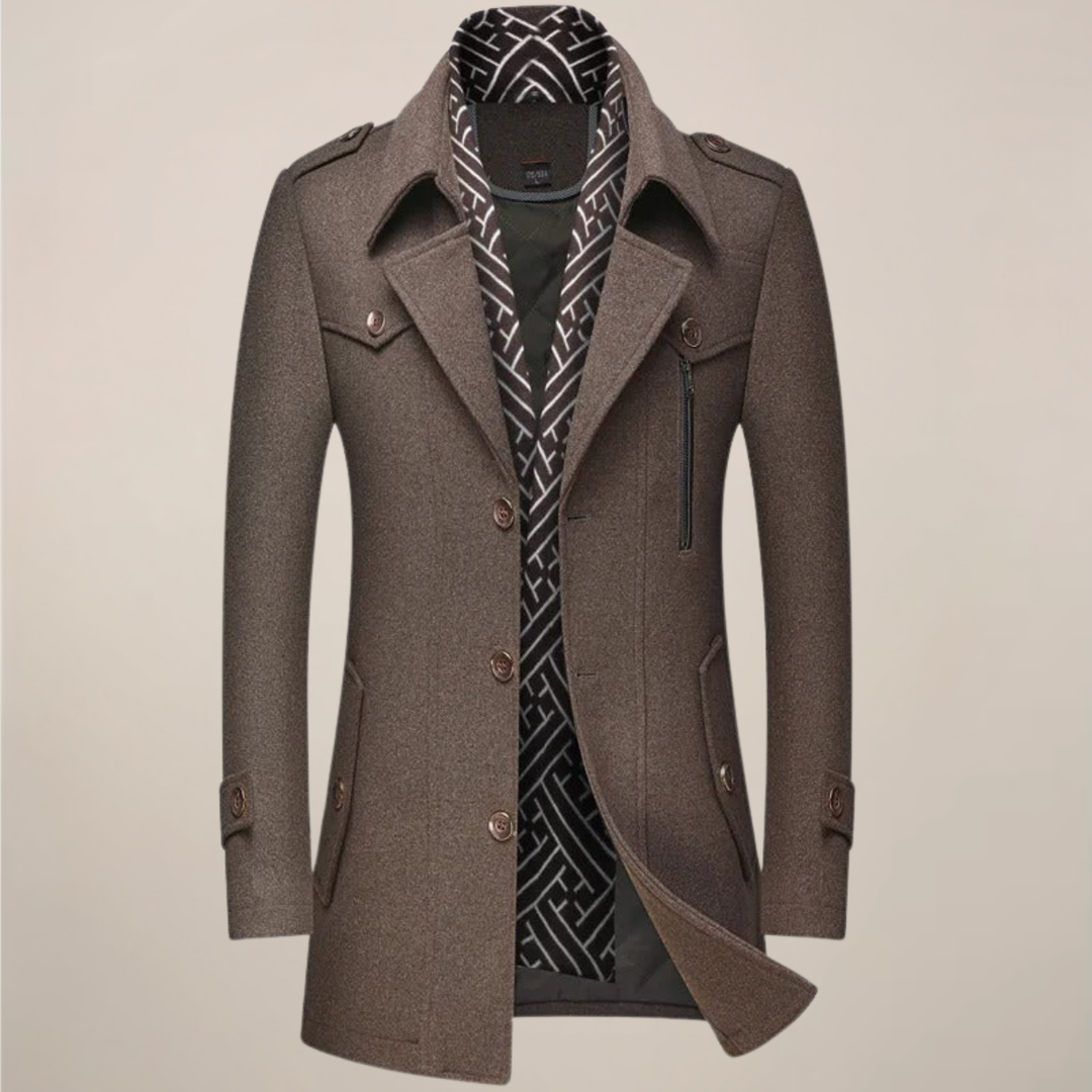 Men's classic trench coat, an elegant and warm winter overcoat for stylish cold weather business casual.