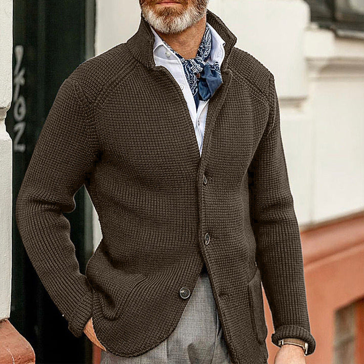 Men's elegant textured knit cardigan, perfect for layered style & comfort. Ideal smart casual autumn menswear.