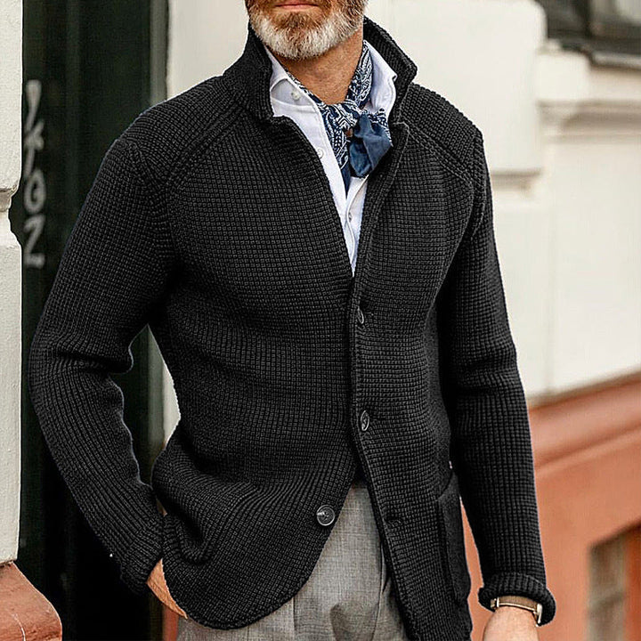 Stylish men's long sleeve knit cardigan with unique textured design. Versatile for smart casual autumn & winter.