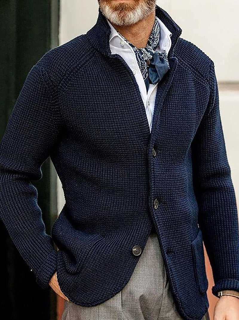 Close-up of men's stylish textured knit cardigan, highlighting the detailed weave & comfortable long sleeves.
