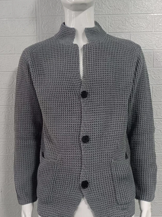 Modern men's smart casual knit cardigan with elegant texture. A comfortable long sleeve outerwear piece for winter.