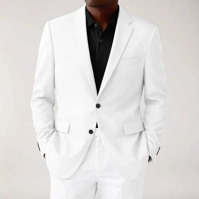 Men's elegant white two-button blazer jacket. Ideal for formal, business, smart casual, or wedding guest attire.
