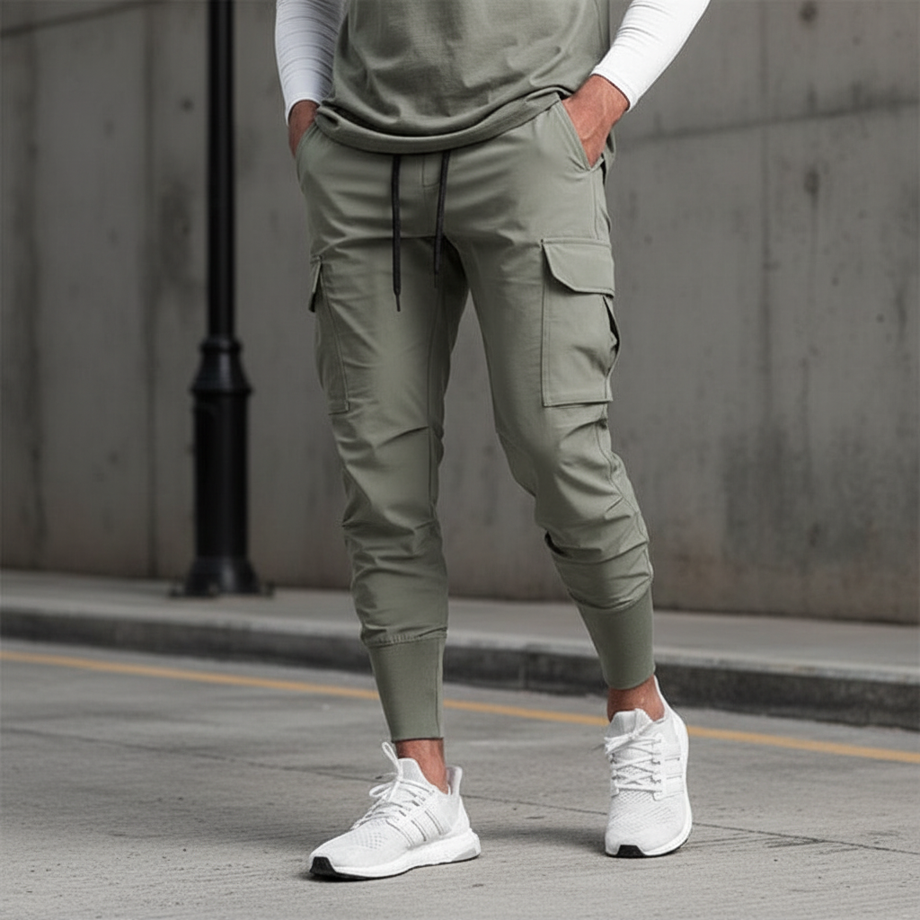 Men's flexible jogger pants with functional pockets. Comfortable stretch fabric for activewear & casual style.