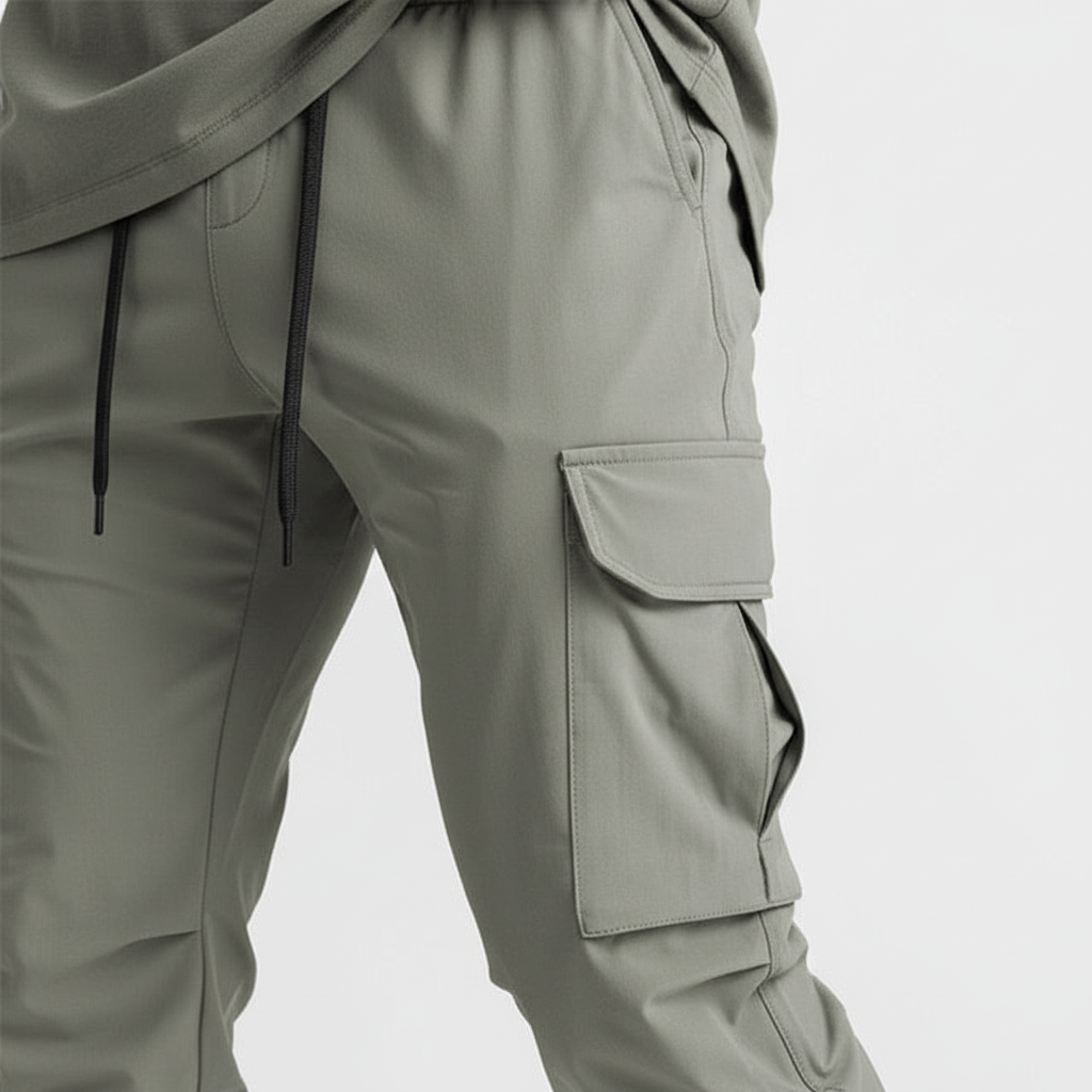Multi-pocket men's cargo joggers. Flexible fit, comfortable stretch fabric for urban style & everyday wear.