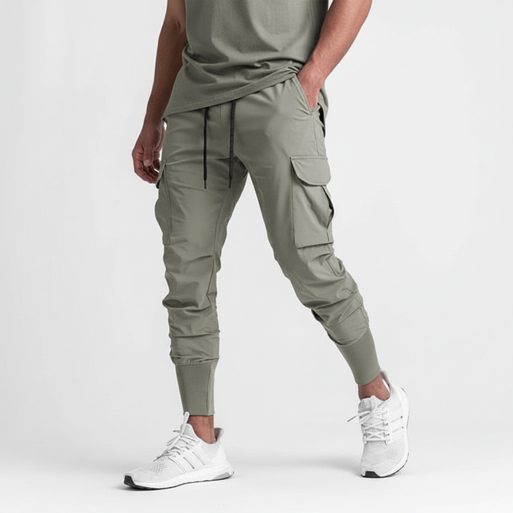 Stretch fabric men's joggers. Functional pockets, ideal for comfortable casual wear, gym workouts & streetwear.