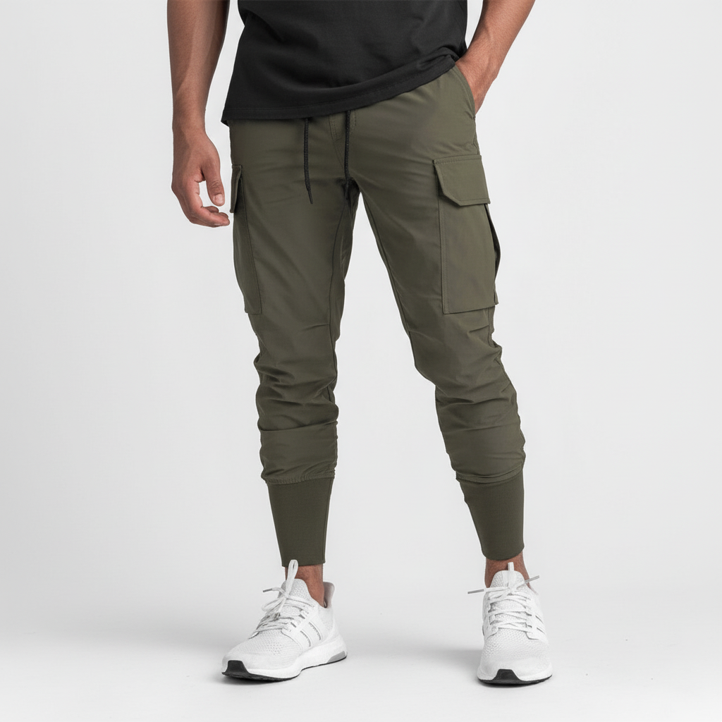 Men's cargo jogger pants. Flexible fit & stretch fabric for comfortable athletic wear, gym sessions, & urban style.
