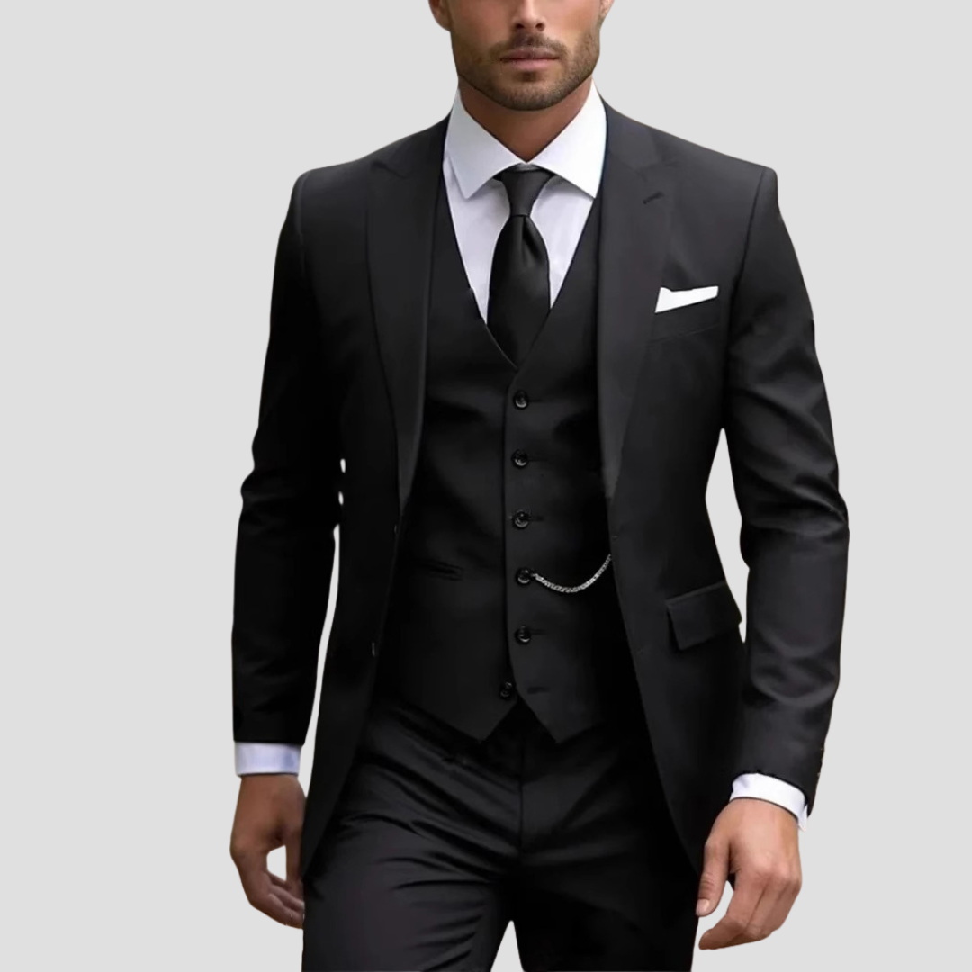 Men's formal slim fit three-piece tailored suit, perfect for business meetings, weddings, or special occasions.