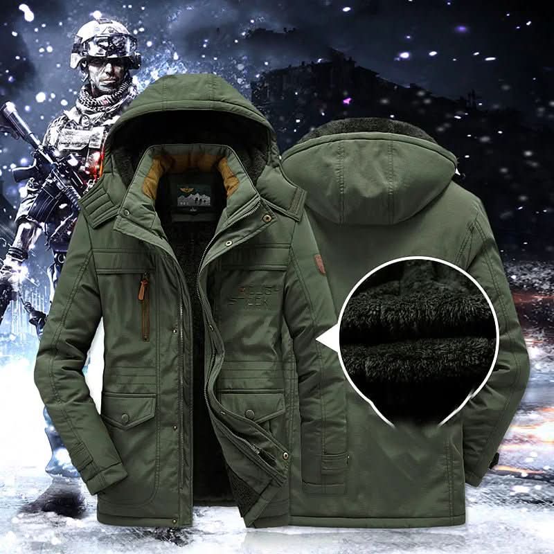 Rugged men's FrostGuard winter parka with padded insulation & detachable hood, ideal for extreme cold outdoor.