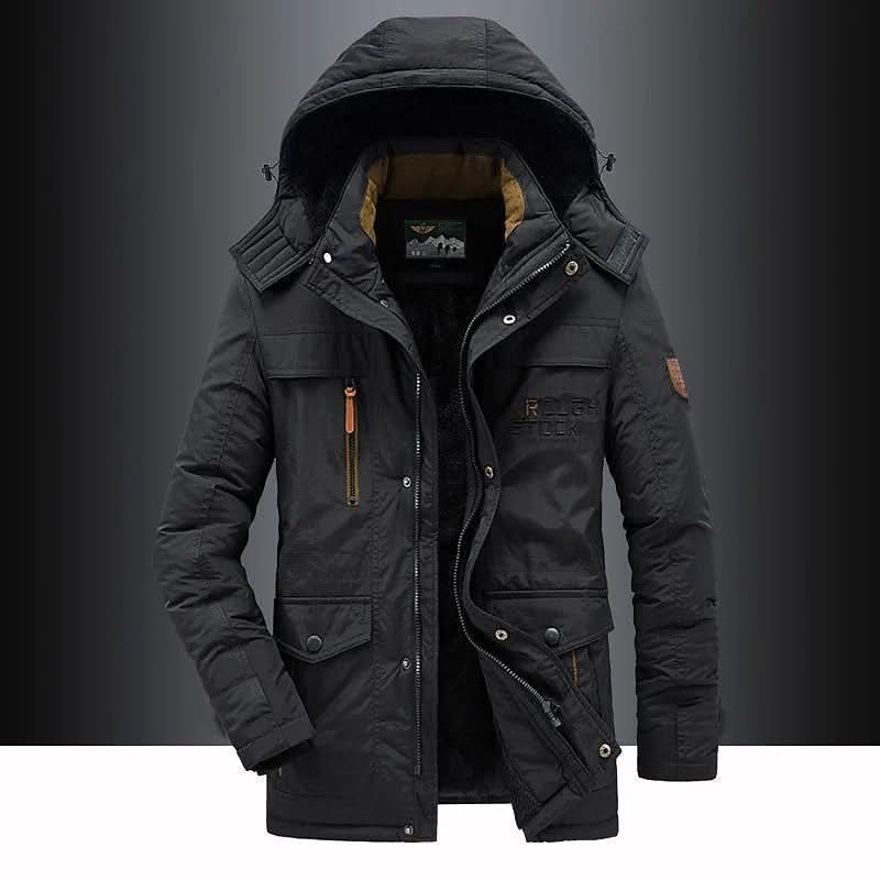Men's winter parka with detachable hood. FrostGuard padded jacket is versatile for extreme cold outdoor wear.